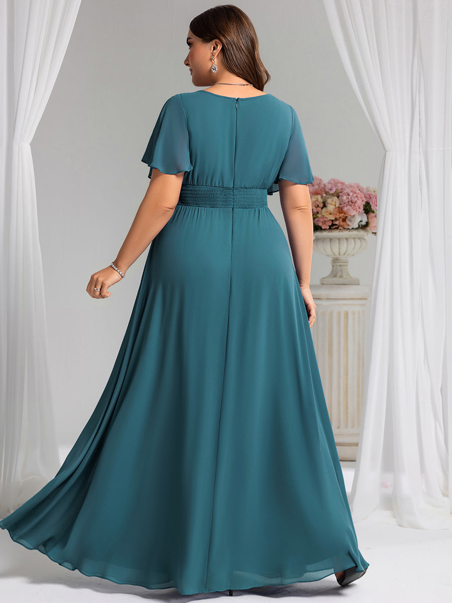 Bodenlanger A-Linien Chiffonkleid Mit Falten Und Rüschen Details Rundhals #Farbe_Petrol
