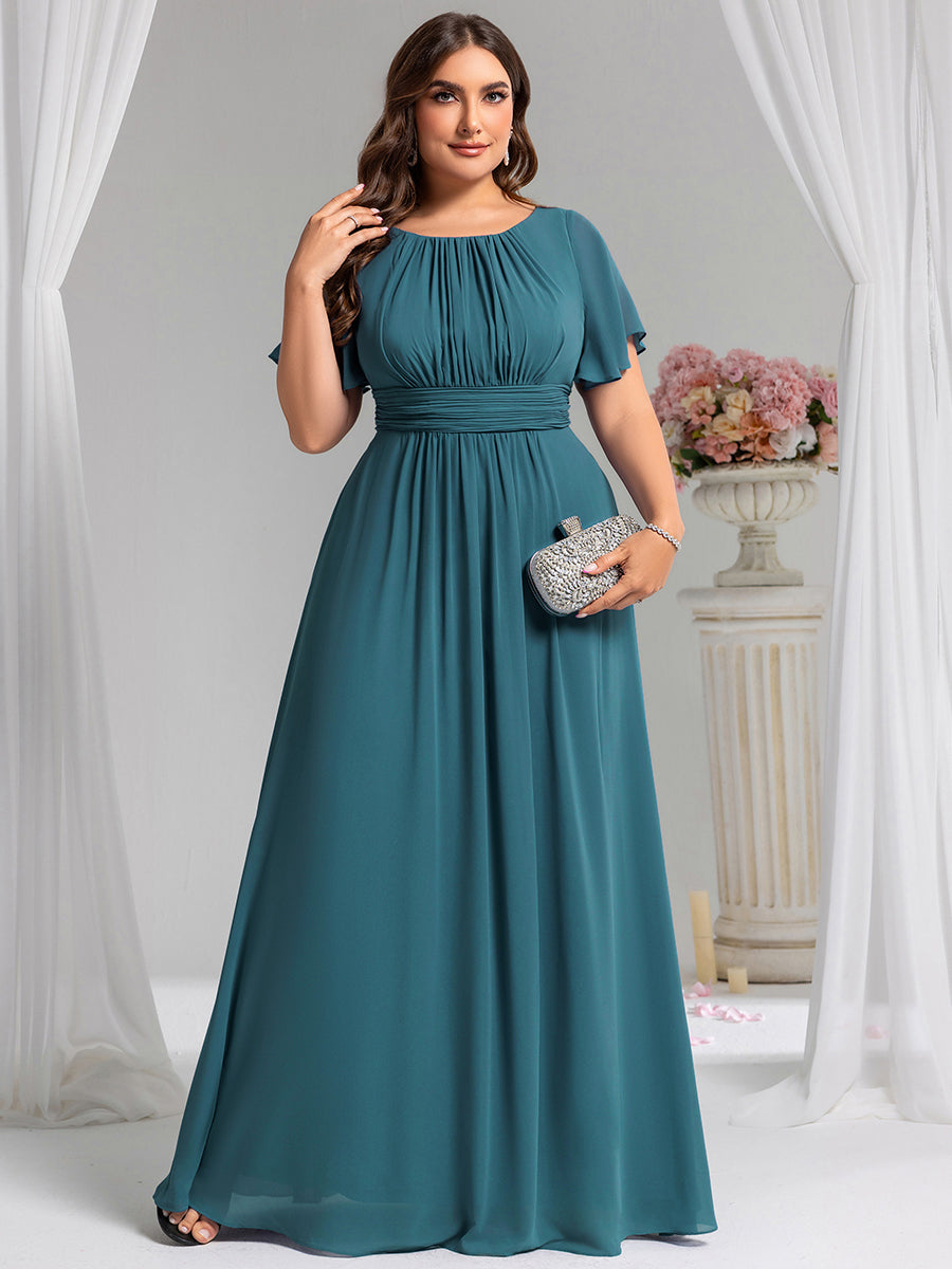 Bodenlanger A-Linien Chiffonkleid Mit Falten Und Rüschen Details Rundhals #Farbe_Petrol