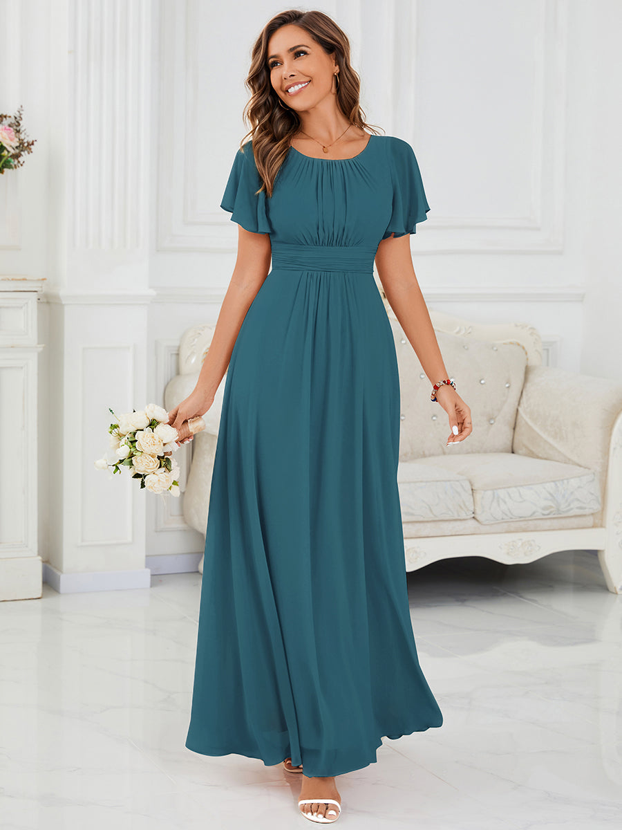 Bodenlanger A-Linien Chiffonkleid Mit Falten Und Rüschen Details Rundhals #Farbe_Petrol