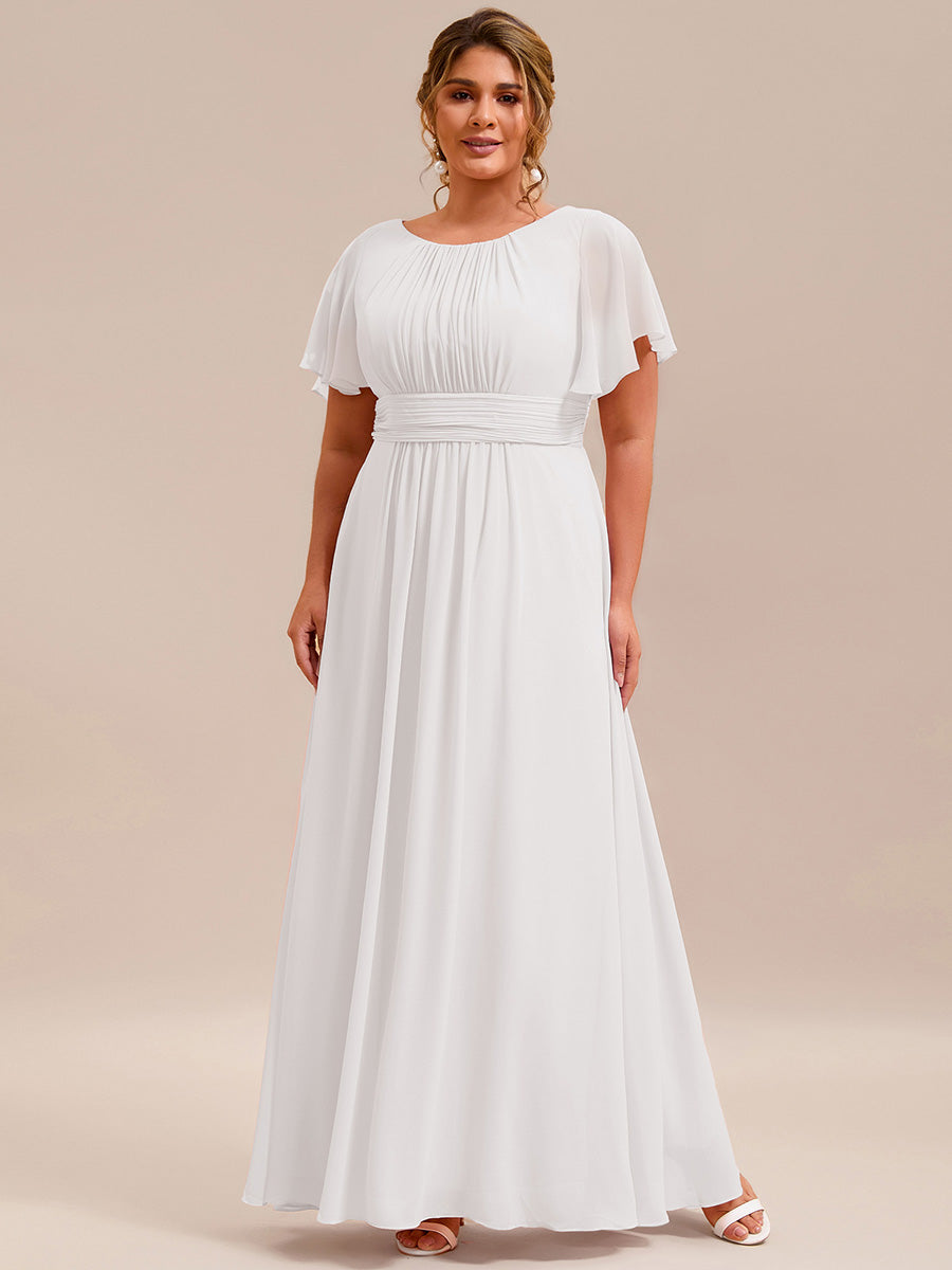 Bodenlanger A-Linien Chiffonkleid Mit Falten Und Rüschen Details Rundhals #Farbe_Weiß