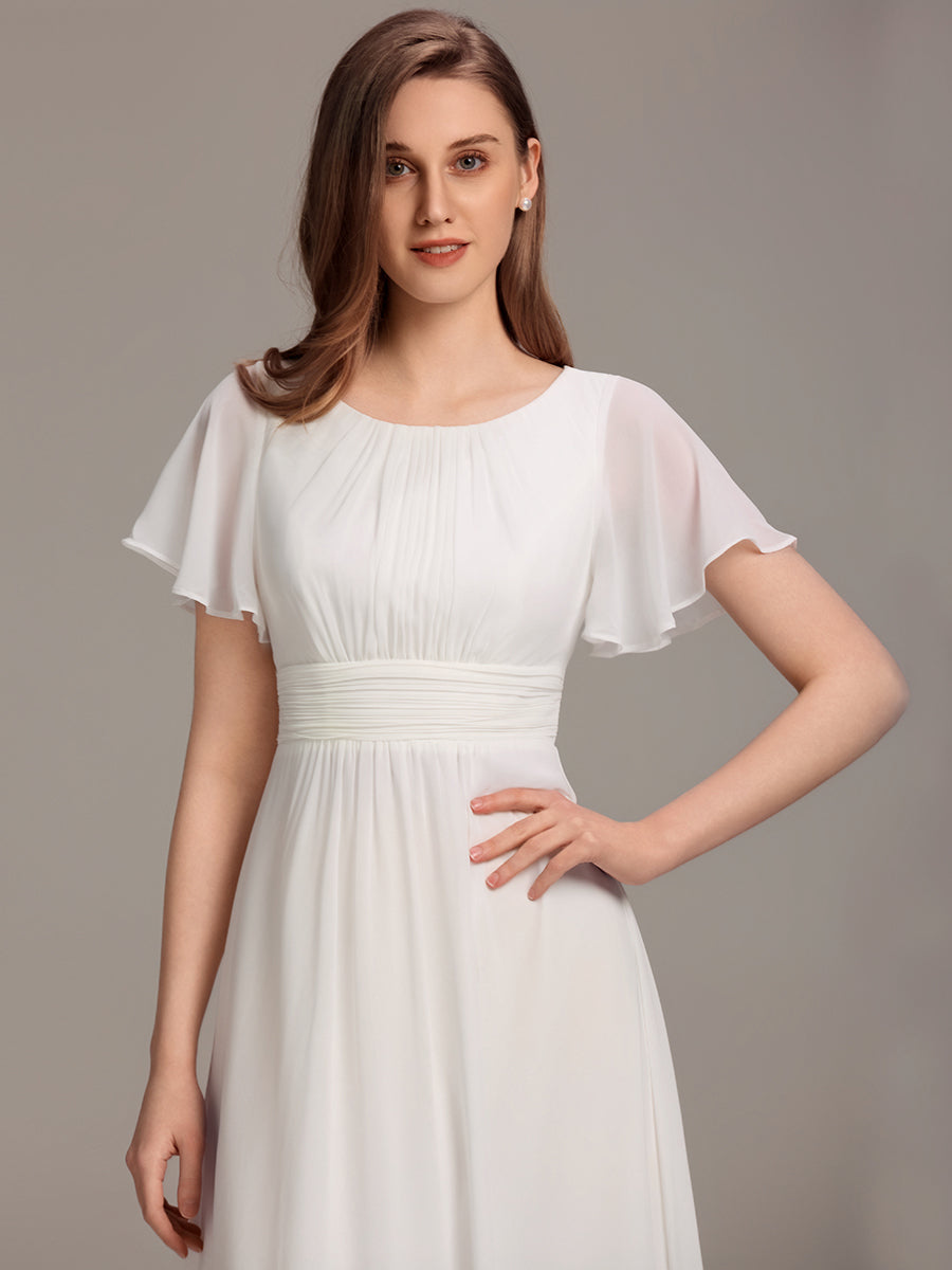 Bodenlanger A-Linien Chiffonkleid Mit Falten Und Rüschen Details Rundhals #Farbe_Weiß