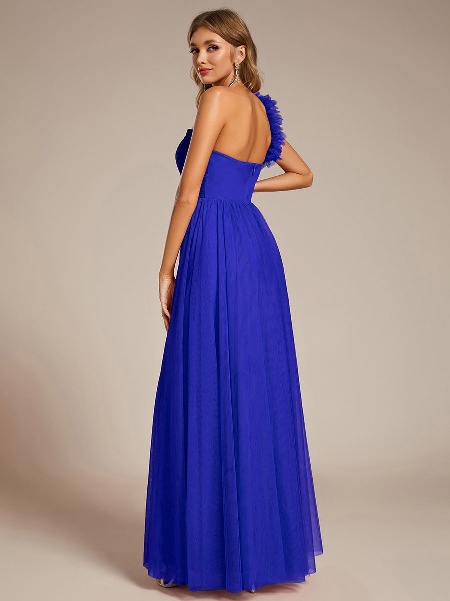 Funkelndes Abendkleid in A-Linie mit Empire-Taille und langen ?rmeln #farbe_Saphirblau