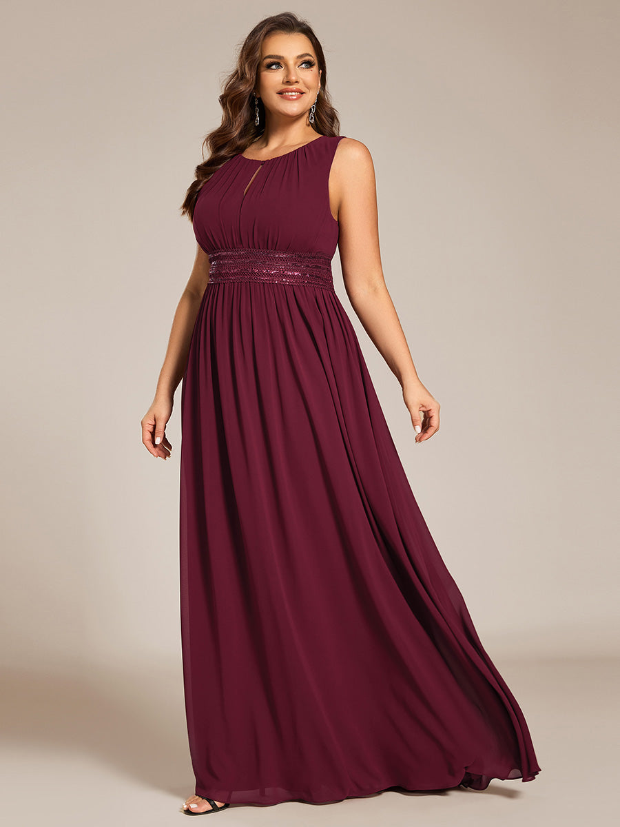 Bodenlanger A-Linien Chiffon Kleid Mit Rundhalsausschnitt Und Bestickten Details #Farbe_Burgunderrot