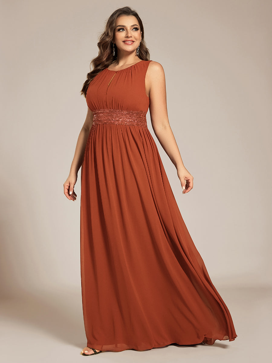 Bodenlanger A-Linien Chiffon Kleid Mit Rundhalsausschnitt Und Bestickten Details #Farbe_Gebranntes Orange