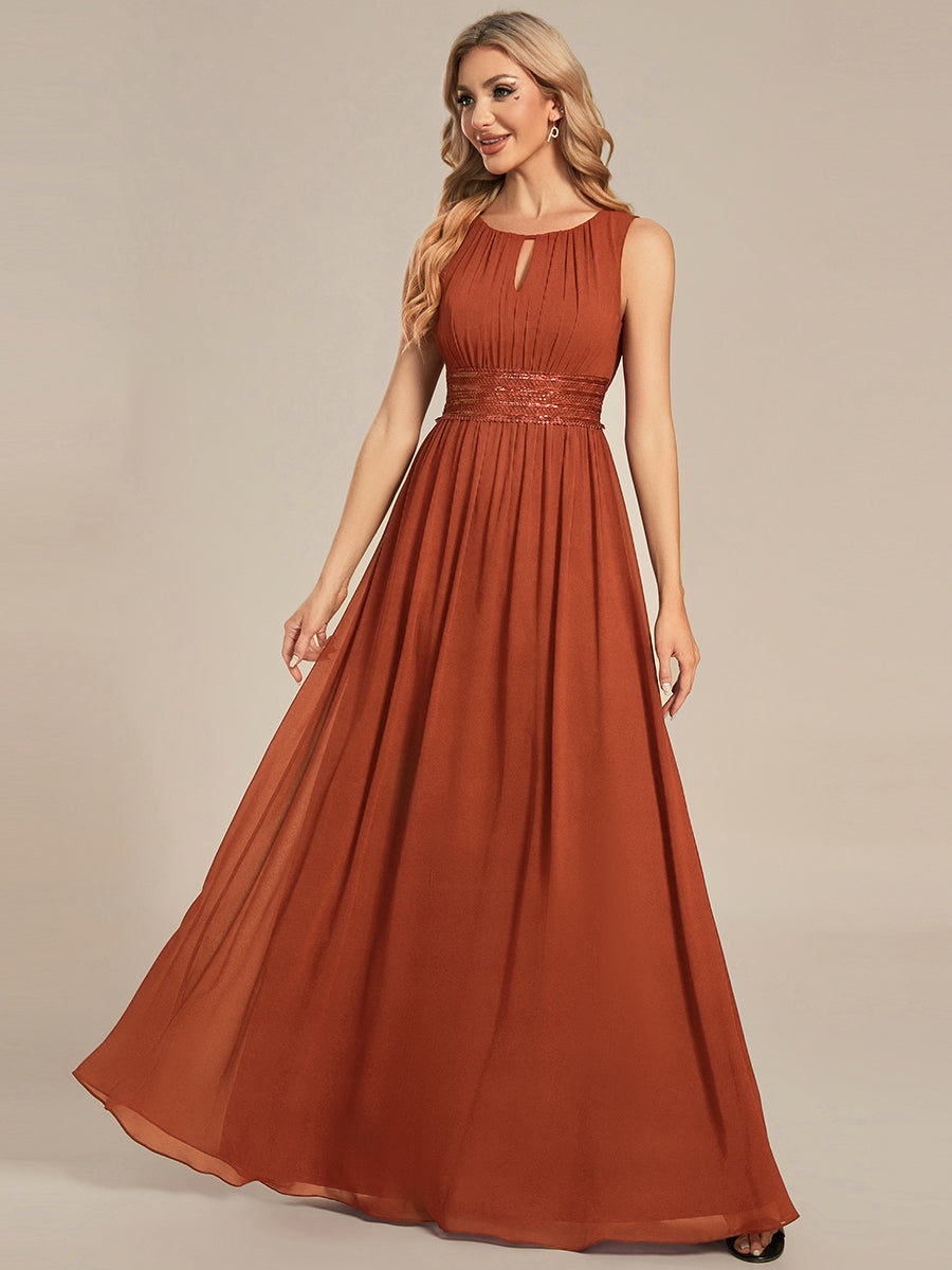 Bodenlanger A-Linien Chiffon Kleid Mit Rundhalsausschnitt Und Bestickten Details #Farbe_Gebranntes Orange