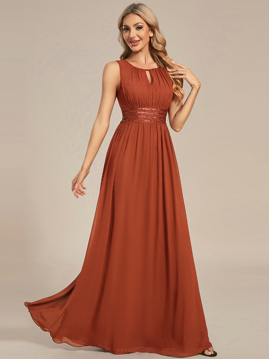 Bodenlanger A-Linien Chiffon Kleid Mit Rundhalsausschnitt Und Bestickten Details #Farbe_Gebranntes Orange