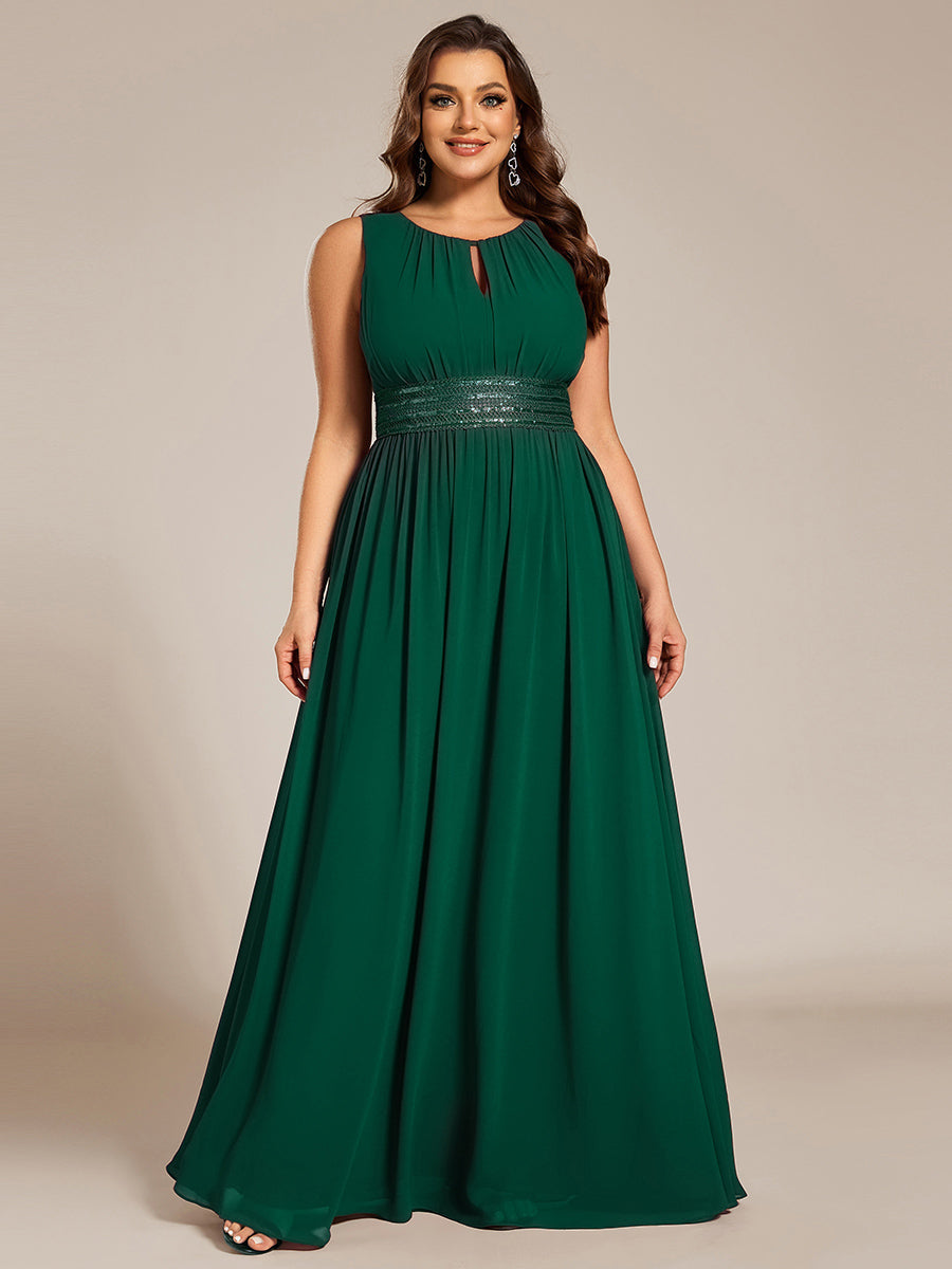 Bodenlanger A-Linien Chiffon Kleid Mit Rundhalsausschnitt Und Bestickten Details #Farbe_Dunkelgrün