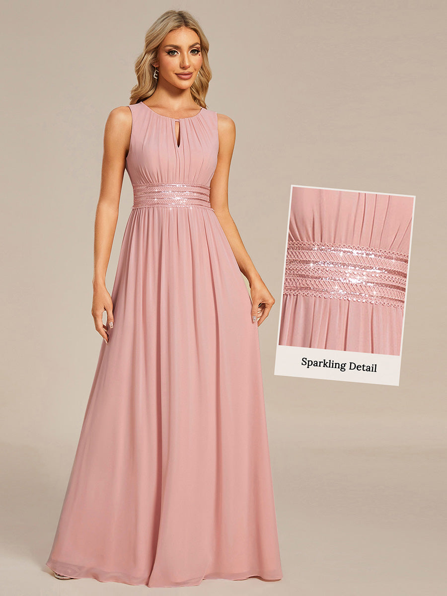 Bodenlanger A-Linien Chiffon Kleid Mit Rundhalsausschnitt Und Bestickten Details #Farbe_Altrosa