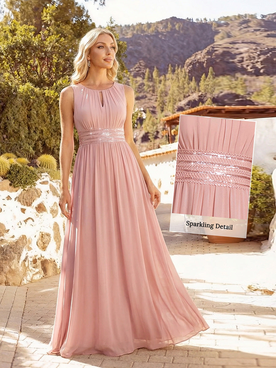 Bodenlanger A-Linien Chiffon Kleid Mit Rundhalsausschnitt Und Bestickten Details #Farbe_Altrosa