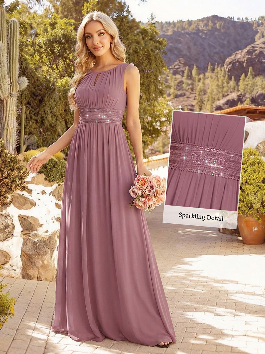 Bodenlanger A-Linien Chiffon Kleid Mit Rundhalsausschnitt Und Bestickten Details #Farbe_Orchideenviolett