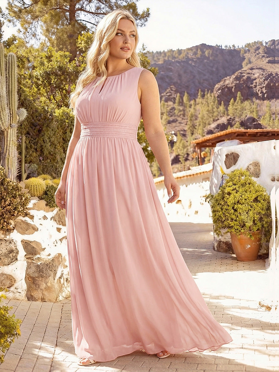 Bodenlanger A-Linien Chiffon Kleid Mit Rundhalsausschnitt Und Bestickten Details #Farbe_Pink