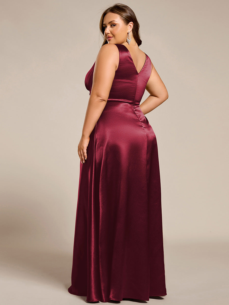 Bodenlanger V-Ausschnitt A-Linie Satin Kleid Mit Tiefem V-Ausschnitt Und Gerafften Details #Farbe_Burgunderrot