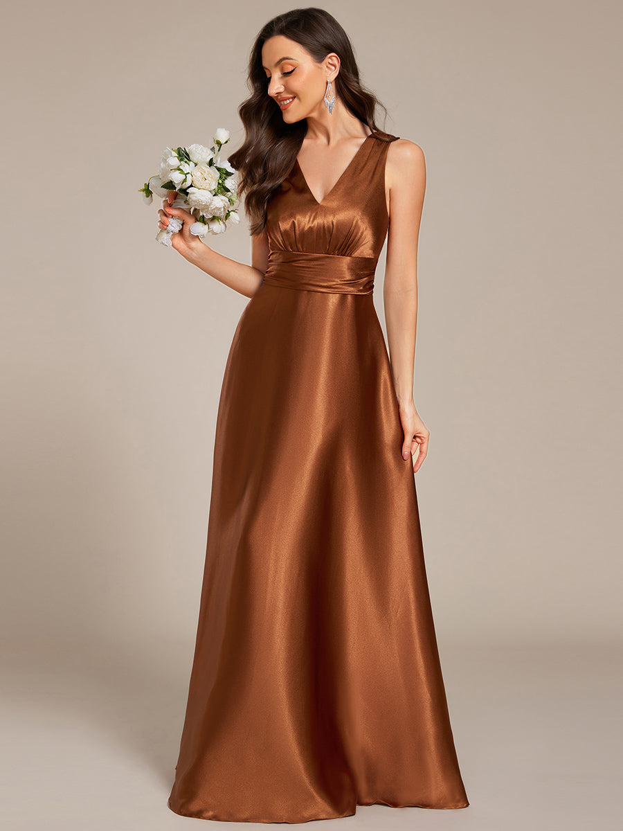 Bodenlanger V-Ausschnitt A-Linie Satin Kleid Mit Tiefem V-Ausschnitt Und Gerafften Details #Farbe_Kupfer