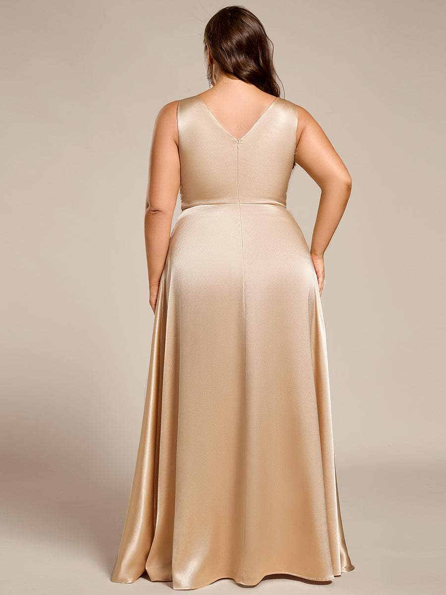 Bodenlanger V-Ausschnitt A-Linie Satin Kleid Mit Tiefem V-Ausschnitt Und Gerafften Details #Farbe_Champagner