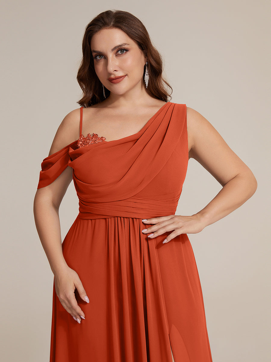 Bodenlanger Asymmetrischer A-Linien Chiffonkleid Mit Pailletten Hohem Schlitz Cowl Neck Kleid #Farbe_Gebranntes Orange