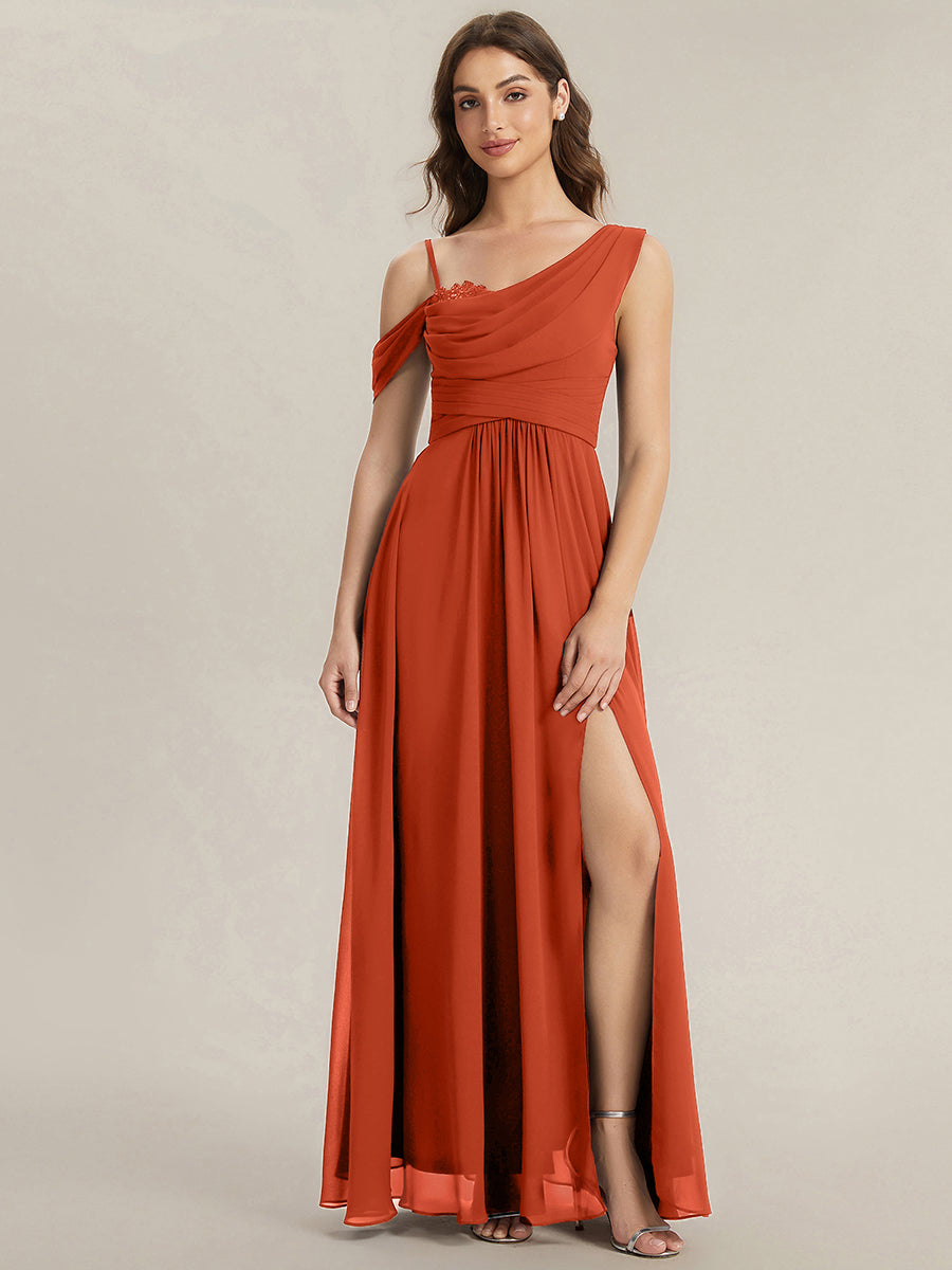 Bodenlanger Asymmetrischer A-Linien Chiffonkleid Mit Pailletten Hohem Schlitz Cowl Neck Kleid #Farbe_Gebranntes Orange