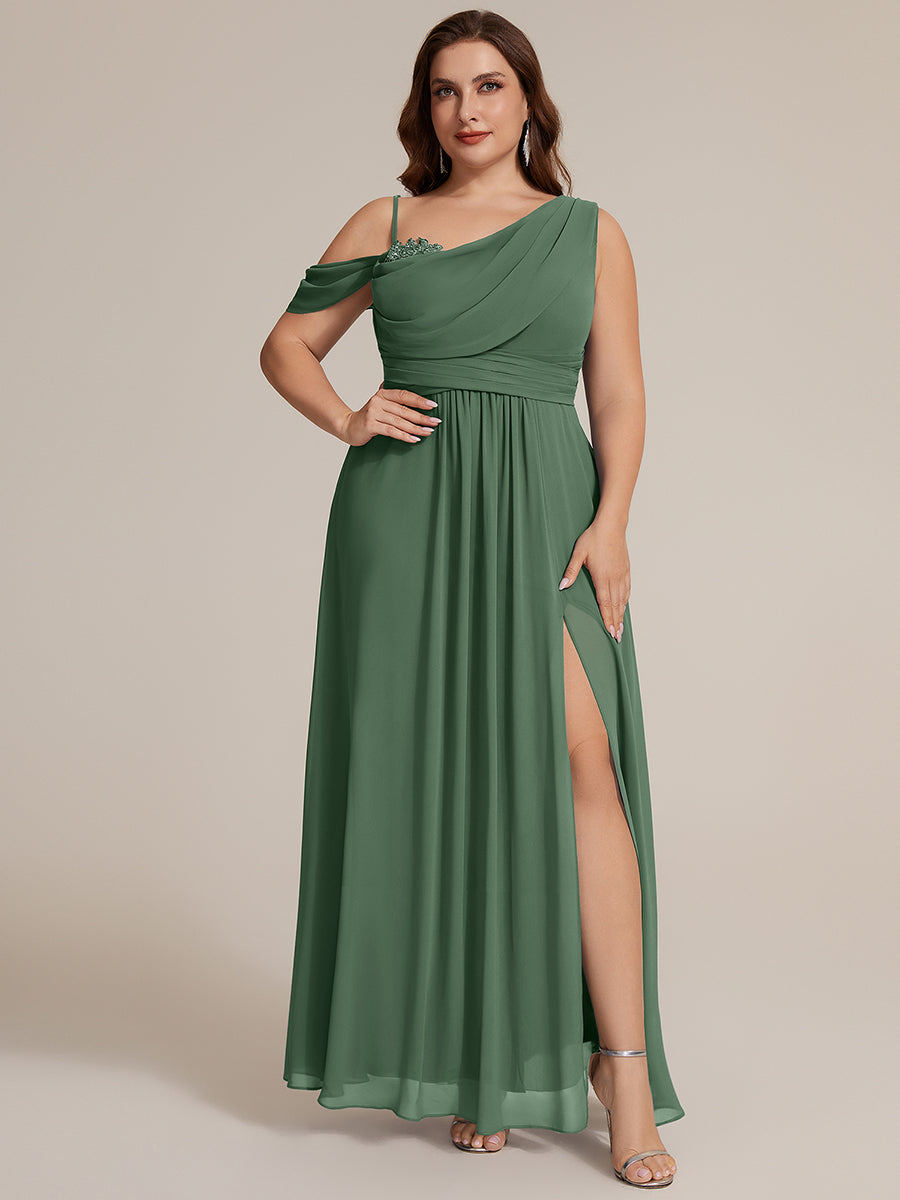 Bodenlanger Asymmetrischer A-Linien Chiffonkleid Mit Pailletten Hohem Schlitz Cowl Neck Kleid #Farbe_Eukalyptus