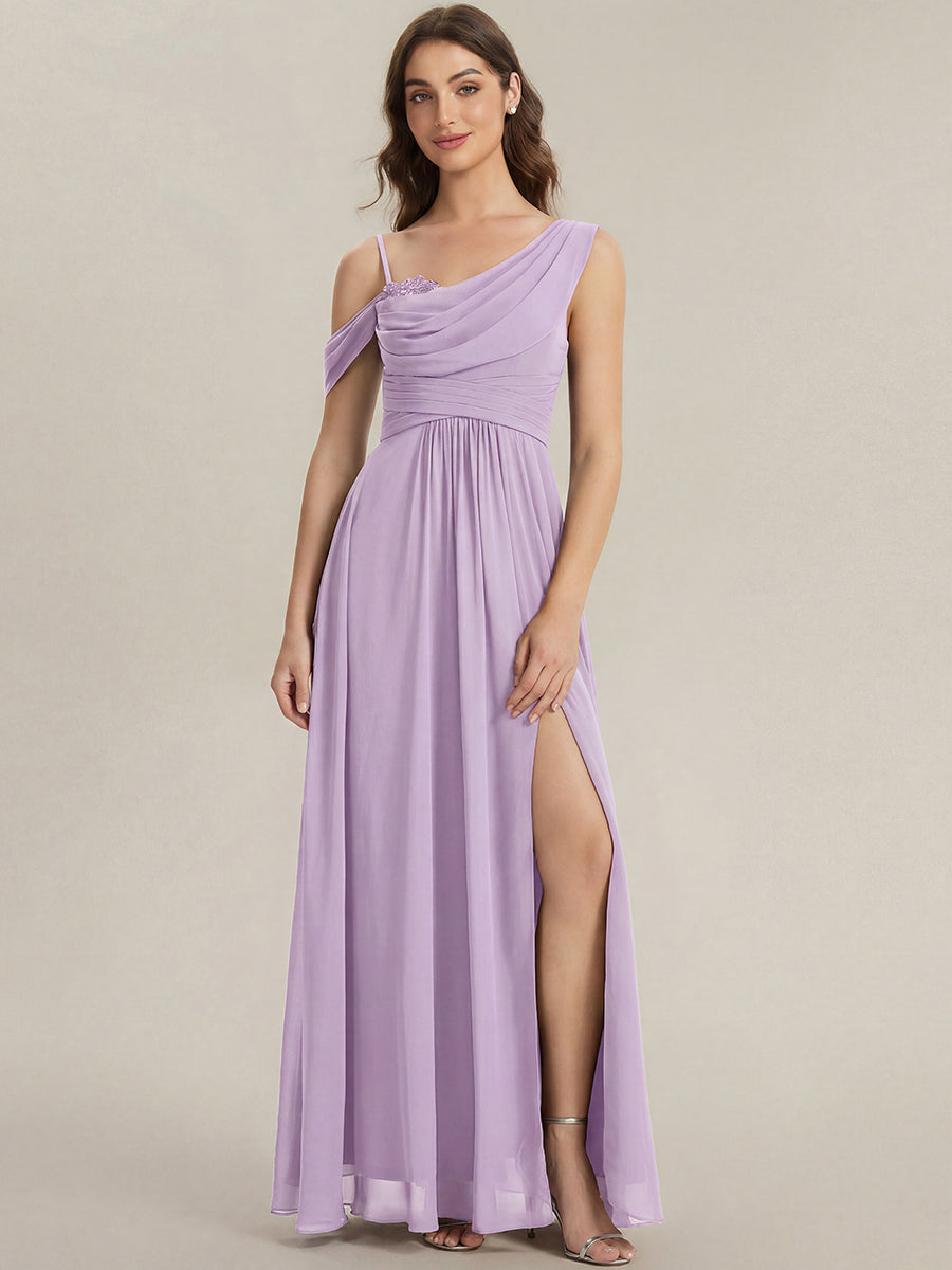 Bodenlanger Asymmetrischer A-Linien Chiffonkleid Mit Pailletten Hohem Schlitz Cowl Neck Kleid #Farbe_Mattflieder