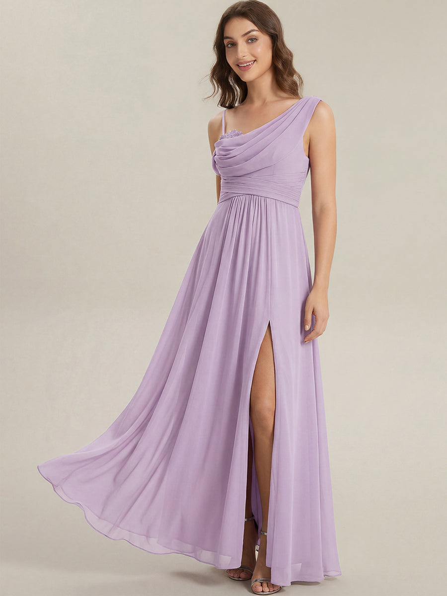 Bodenlanger Asymmetrischer A-Linien Chiffonkleid Mit Pailletten Hohem Schlitz Cowl Neck Kleid #Farbe_Mattflieder