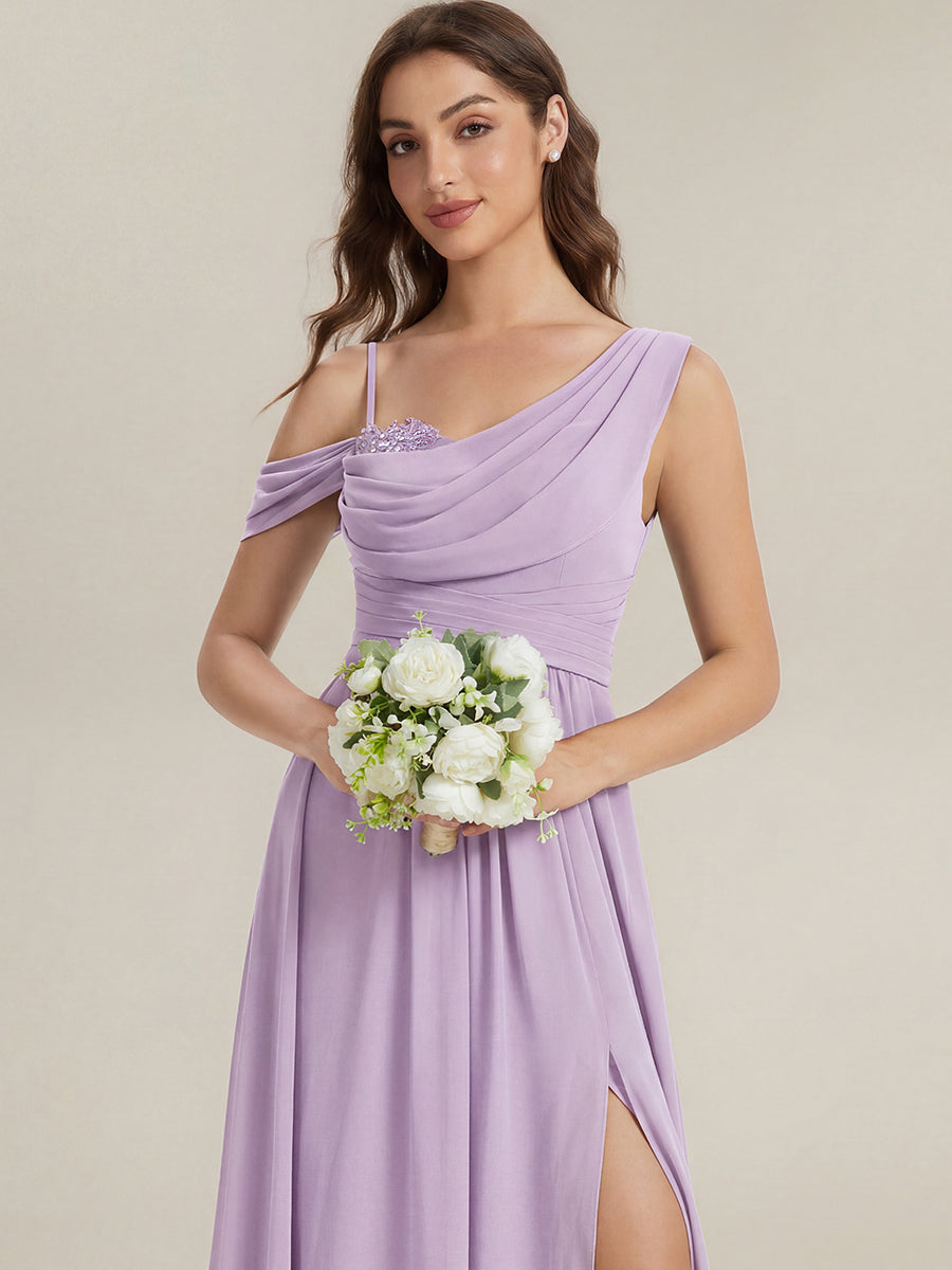 Bodenlanger Asymmetrischer A-Linien Chiffonkleid Mit Pailletten Hohem Schlitz Cowl Neck Kleid #Farbe_Mattflieder