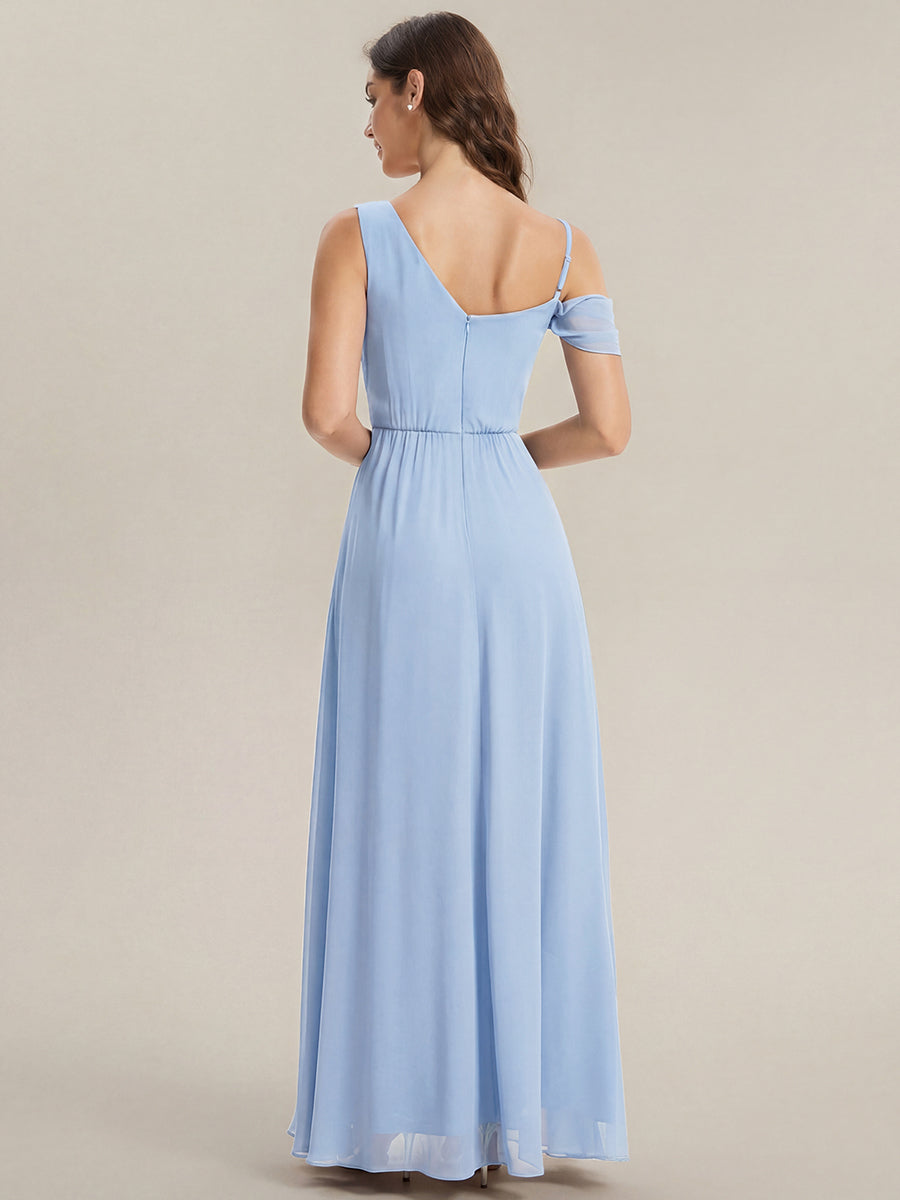 Bodenlanger Asymmetrischer A-Linien Chiffonkleid Mit Pailletten Hohem Schlitz Cowl Neck Kleid #Farbe_Eisblau