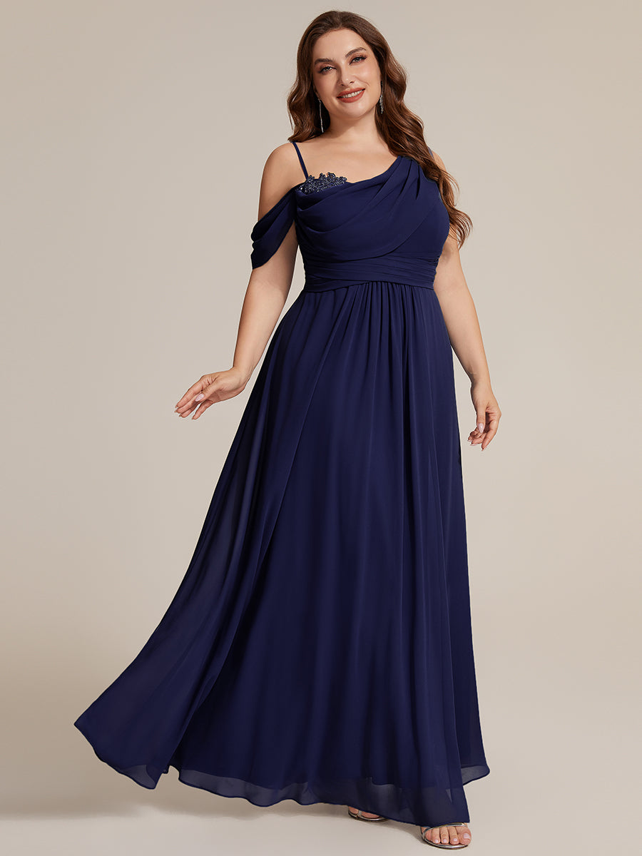 Bodenlanger Asymmetrischer A-Linien Chiffonkleid Mit Pailletten Hohem Schlitz Cowl Neck Kleid #Farbe_Marineblau