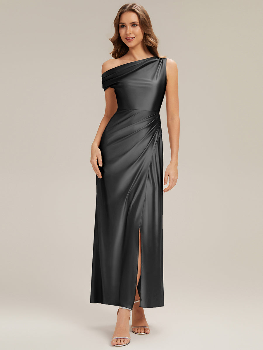 Knöchellanges asymmetrisches Sheath Satin Kleid Mit Raffinierten Details Und Hohem Schlitz #Farbe_Schwarz