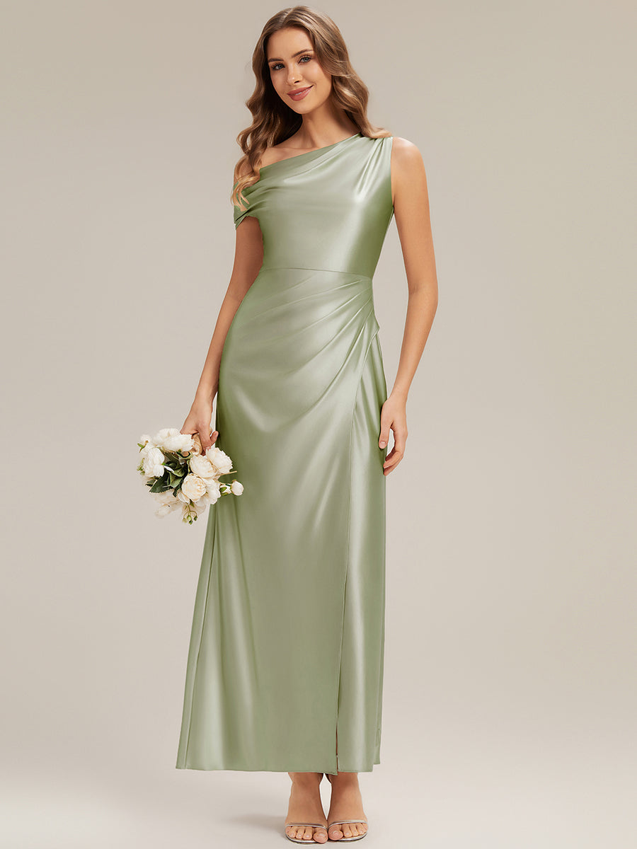 Knöchellanges Asymmetrisches Sheath Satin Kleid Mit Raffinierten Details Und Hohem Schlitz #Farbe_Salbeigrün