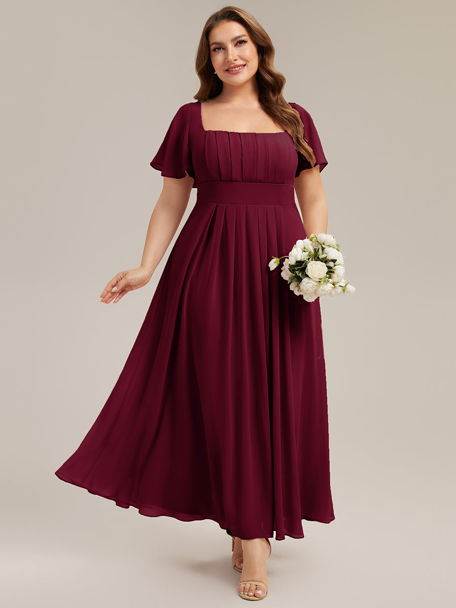 Kn?chellang A-Linien Chiffon Kleid Square Neck Raffung Gathered R¨¹ckenfrei Design #Farbe_Burgunderrot