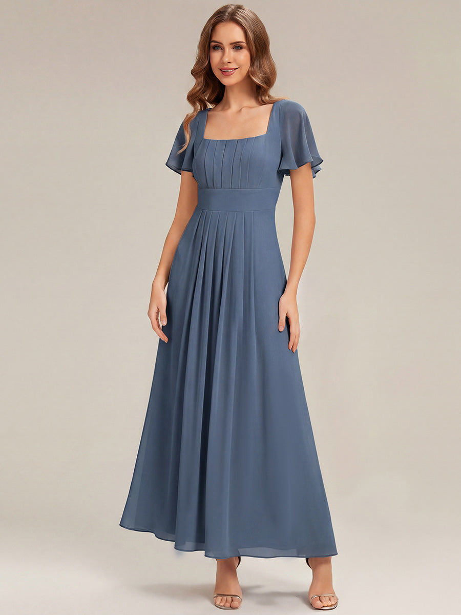 Kn?chellang A-Linien Chiffon Kleid Square Neck Raffung Gathered R¨¹ckenfrei Design #Farbe_Taubenblau