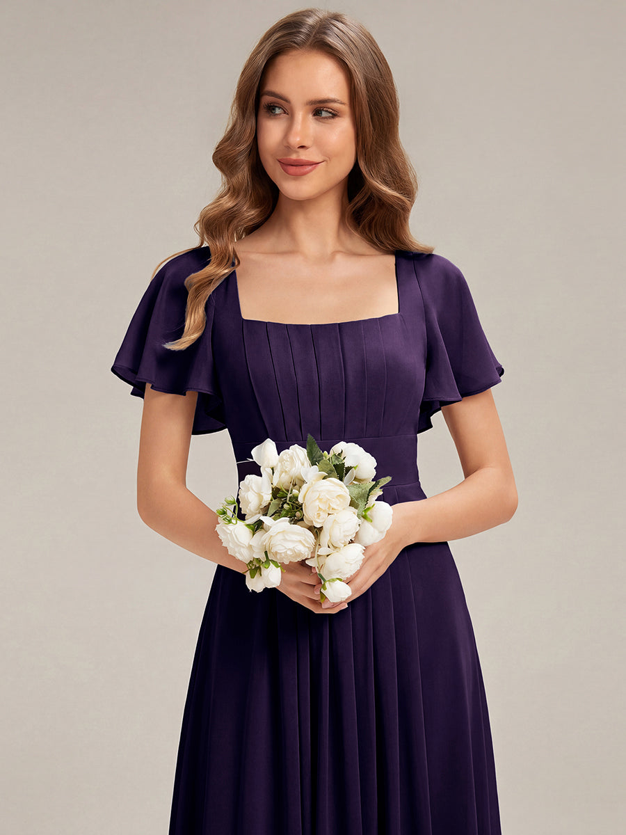 Kn?chellang A-Linien Chiffon Kleid Square Neck Raffung Gathered R¨¹ckenfrei Design #Farbe_Dunkelviolett