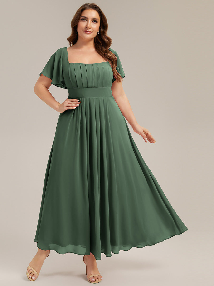 Kn?chellang A-Linien Chiffon Kleid Square Neck Raffung Gathered R¨¹ckenfrei Design #Farbe_Eukalyptus