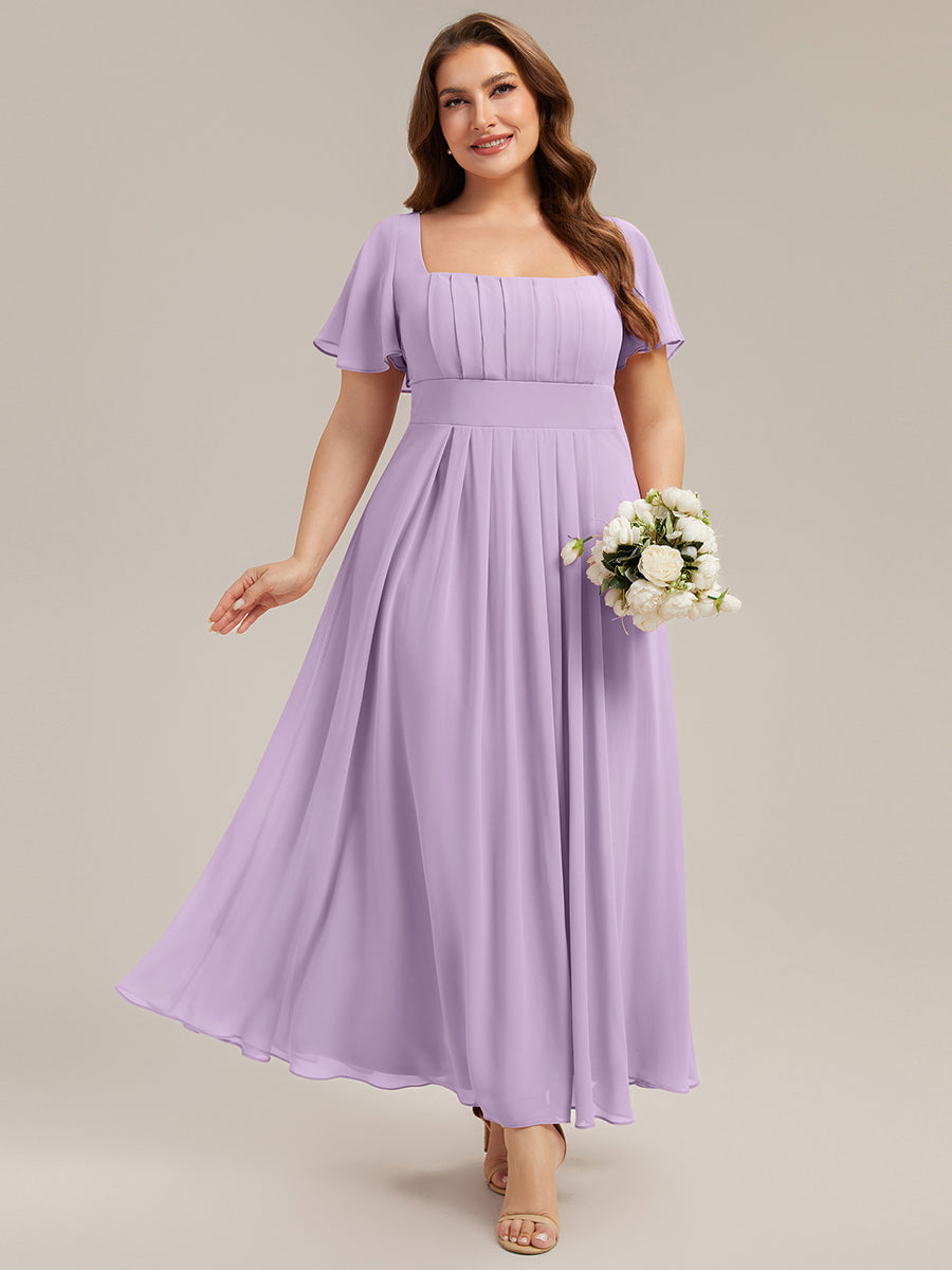 Kn?chellang A-Linien Chiffon Kleid Square Neck Raffung Gathered R¨¹ckenfrei Design #Farbe_Mattflieder