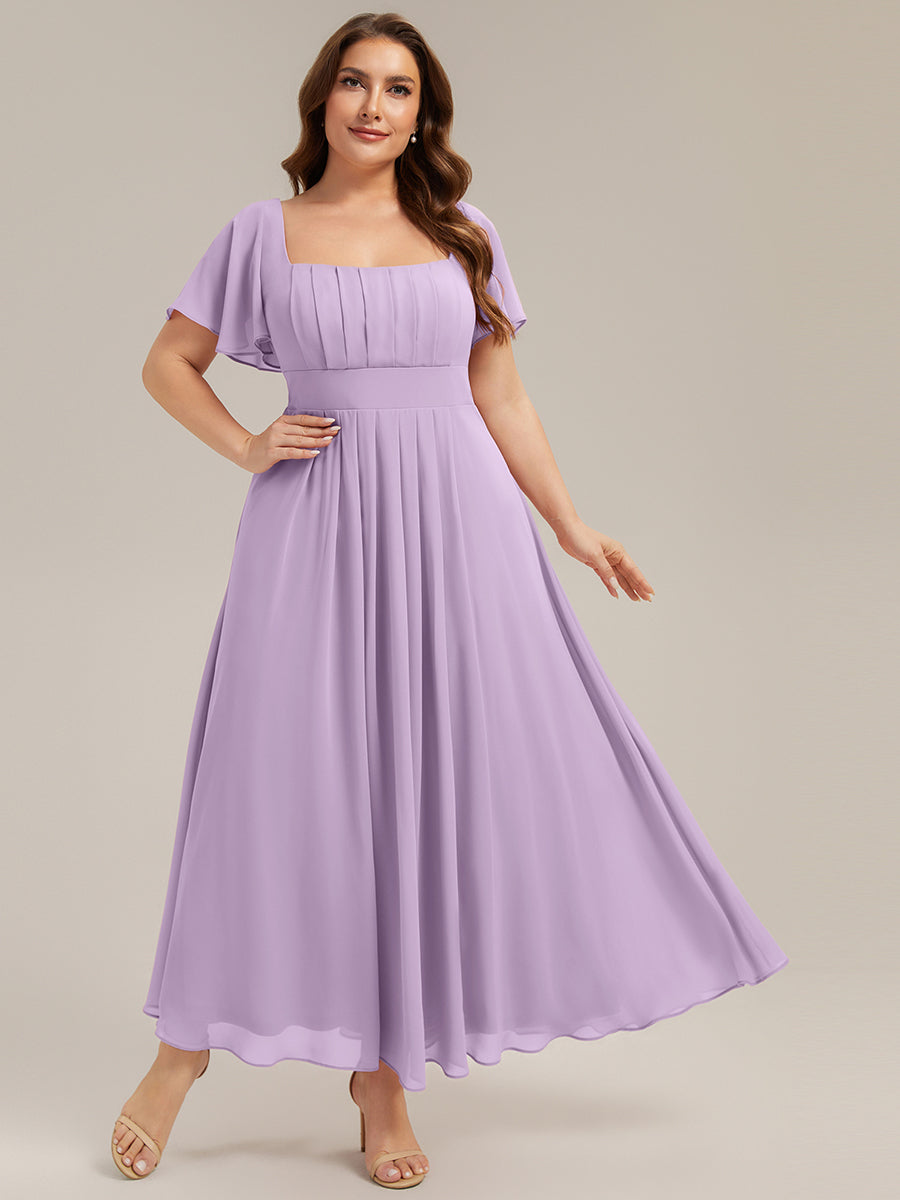 Kn?chellang A-Linien Chiffon Kleid Square Neck Raffung Gathered R¨¹ckenfrei Design #Farbe_Mattflieder