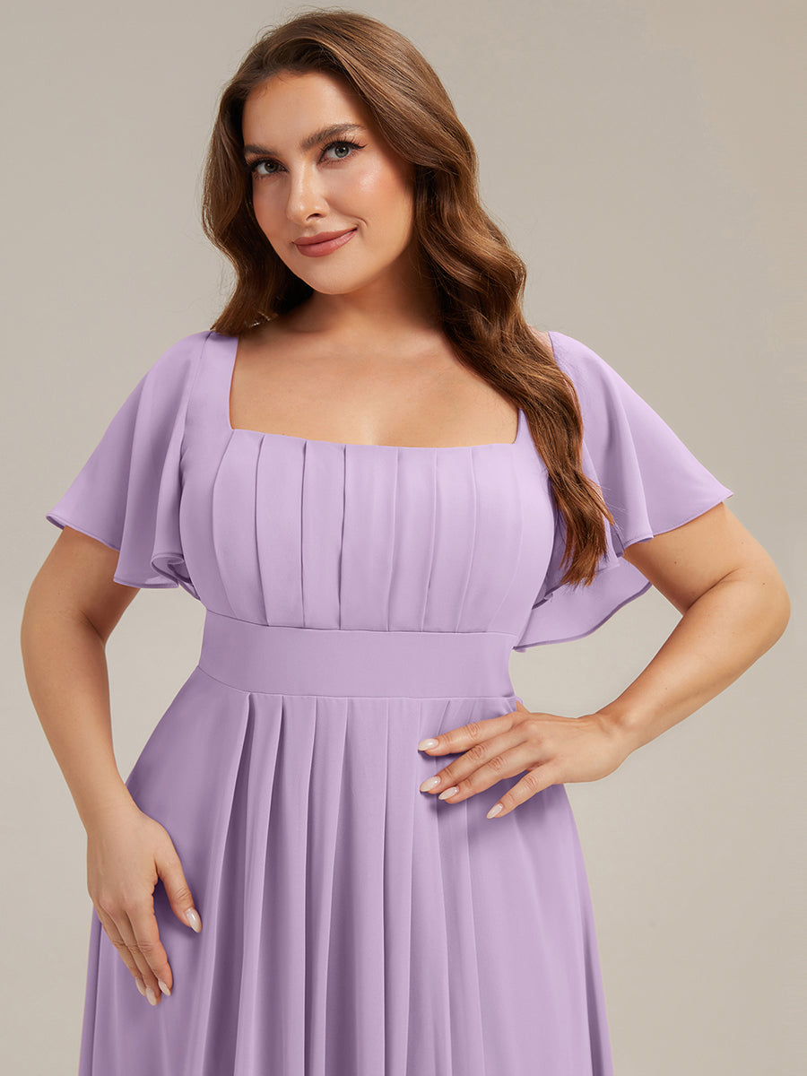 Kn?chellang A-Linien Chiffon Kleid Square Neck Raffung Gathered R¨¹ckenfrei Design #Farbe_Mattflieder
