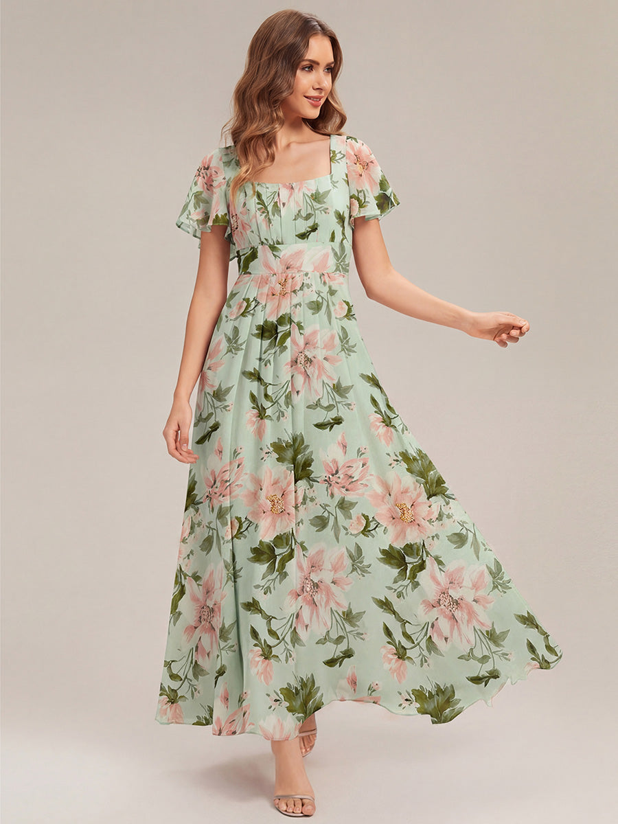Kn?chellang A-Linien Chiffon Kleid Square Neck Raffung Gathered R¨¹ckenfrei Design #Farbe_Grüne Blüten