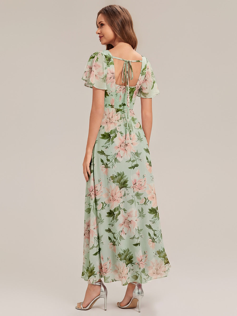 Kn?chellang A-Linien Chiffon Kleid Square Neck Raffung Gathered R¨¹ckenfrei Design #Farbe_Grüne Blüten