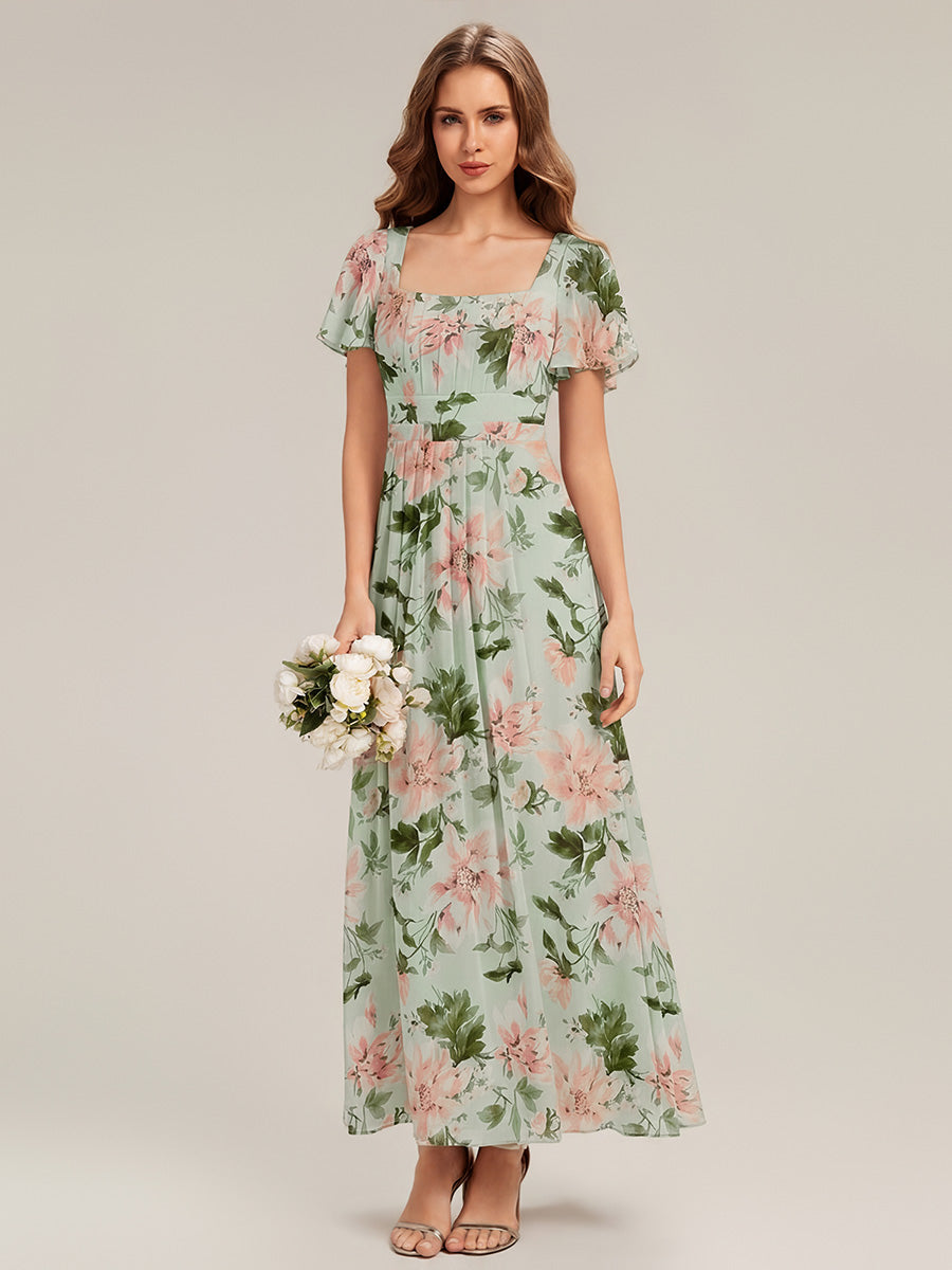 Kn?chellang A-Linien Chiffon Kleid Square Neck Raffung Gathered R¨¹ckenfrei Design #Farbe_Grüne Blüten