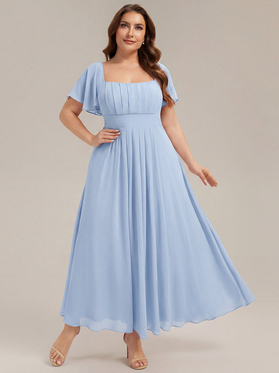 Kn?chellang A-Linien Chiffon Kleid Square Neck Raffung Gathered R¨¹ckenfrei Design #Farbe_Eisblau