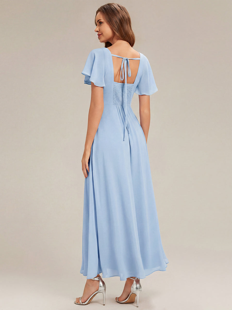Kn?chellang A-Linien Chiffon Kleid Square Neck Raffung Gathered R¨¹ckenfrei Design #Farbe_Eisblau