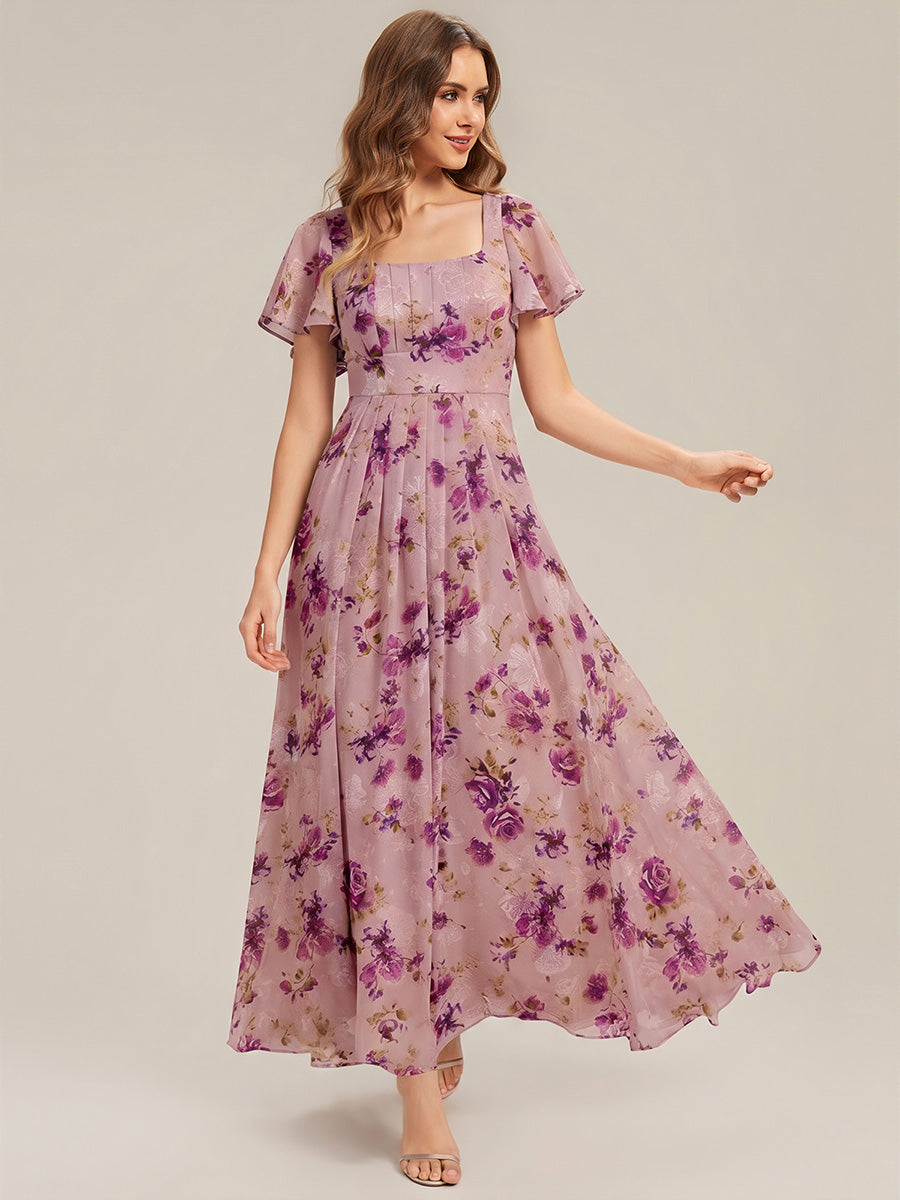Kn?chellang A-Linien Chiffon Kleid Square Neck Raffung Gathered R¨¹ckenfrei Design #Farbe_Helllila mit Print