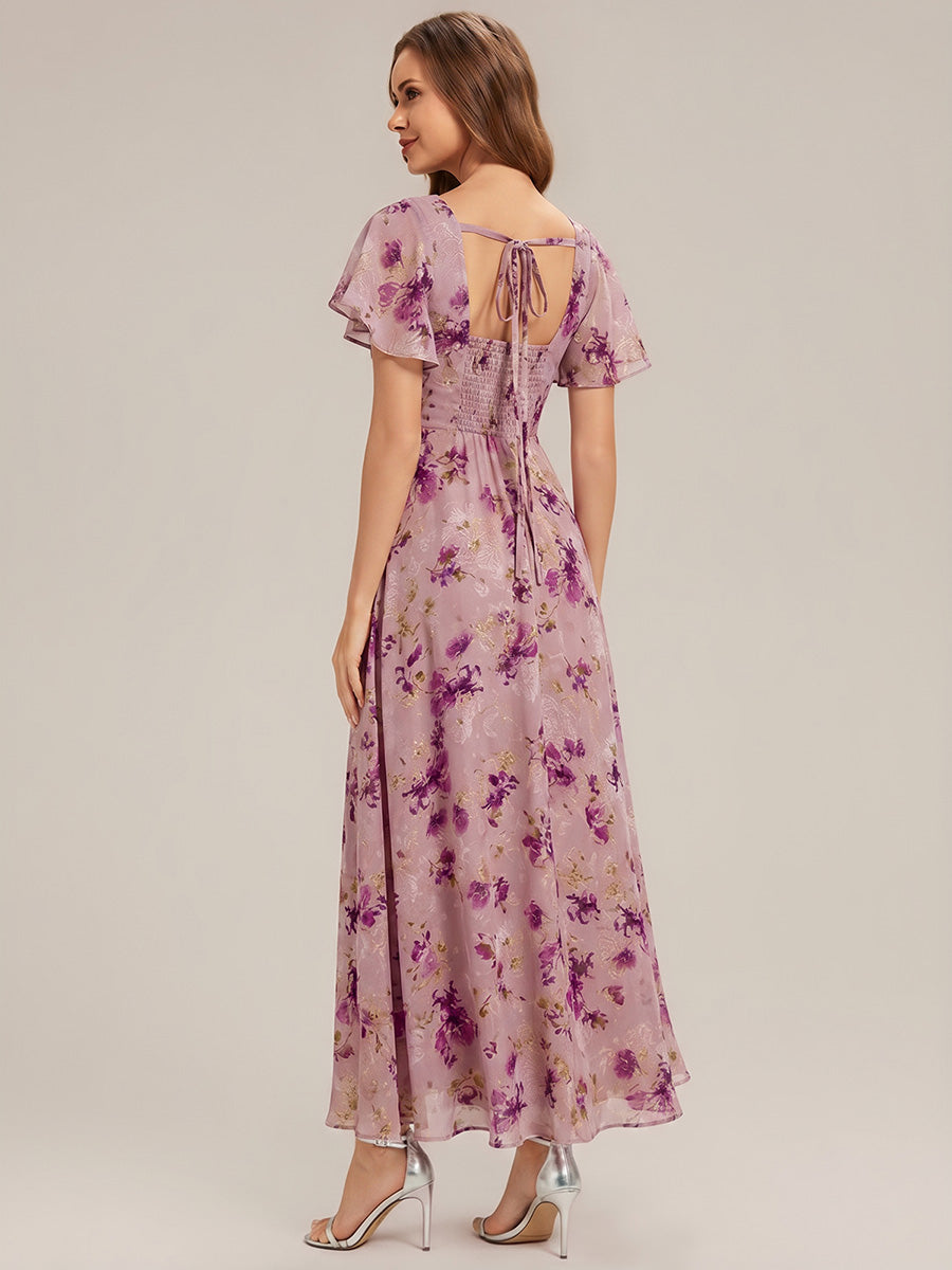 Kn?chellang A-Linien Chiffon Kleid Square Neck Raffung Gathered R¨¹ckenfrei Design #Farbe_Helllila mit Print