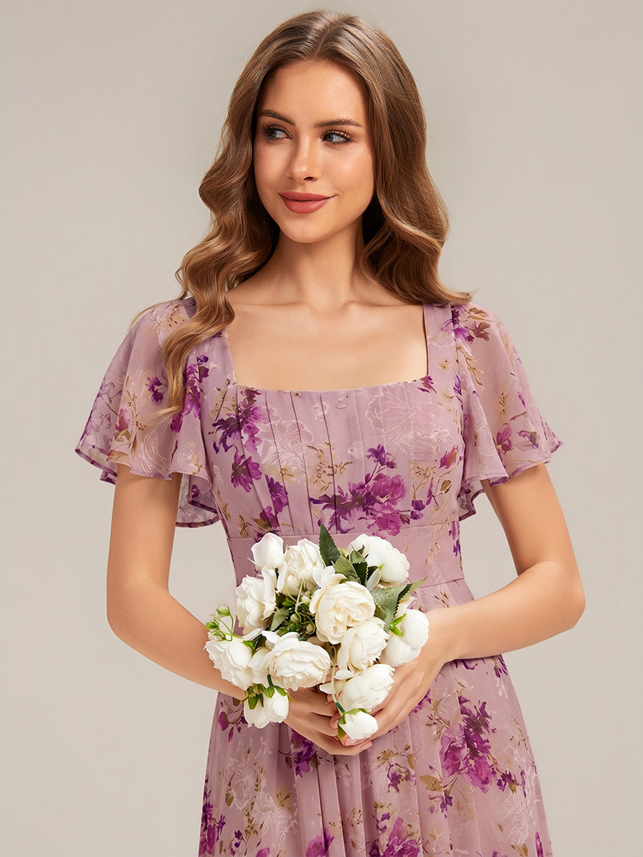 Kn?chellang A-Linien Chiffon Kleid Square Neck Raffung Gathered R¨¹ckenfrei Design #Farbe_Helllila mit Print