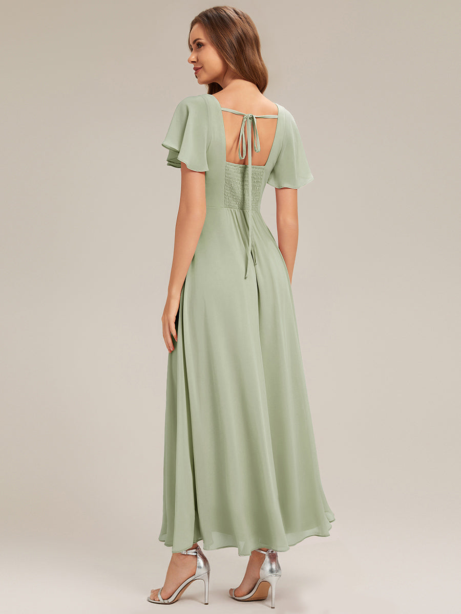 Kn?chellang A-Linien Chiffon Kleid Square Neck Raffung Gathered R¨¹ckenfrei Design #Farbe_Mintgrün