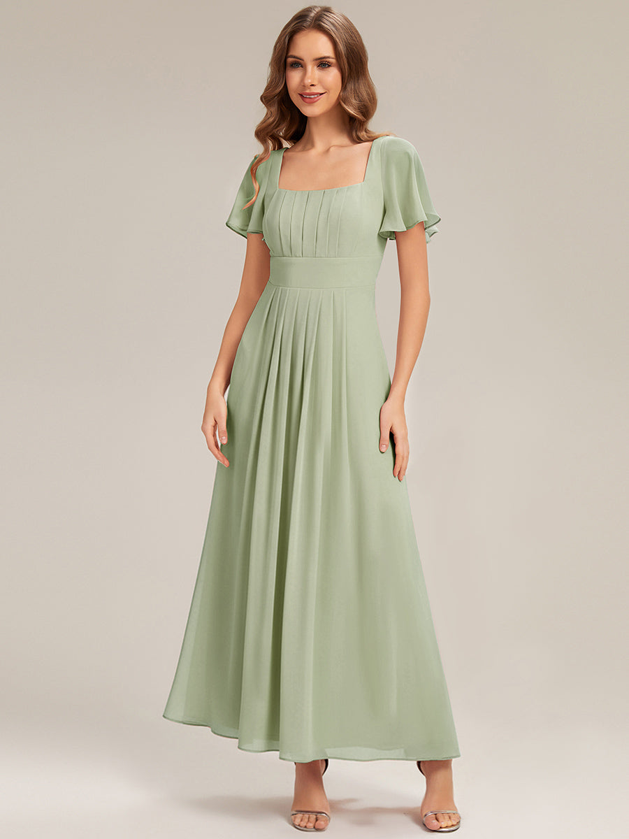 Kn?chellang A-Linien Chiffon Kleid Square Neck Raffung Gathered R¨¹ckenfrei Design #Farbe_Mintgrün