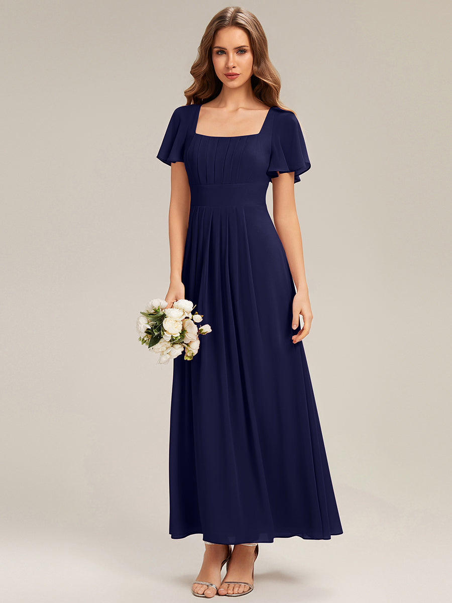 Kn?chellang A-Linien Chiffon Kleid Square Neck Raffung Gathered R¨¹ckenfrei Design #Farbe_Marineblau