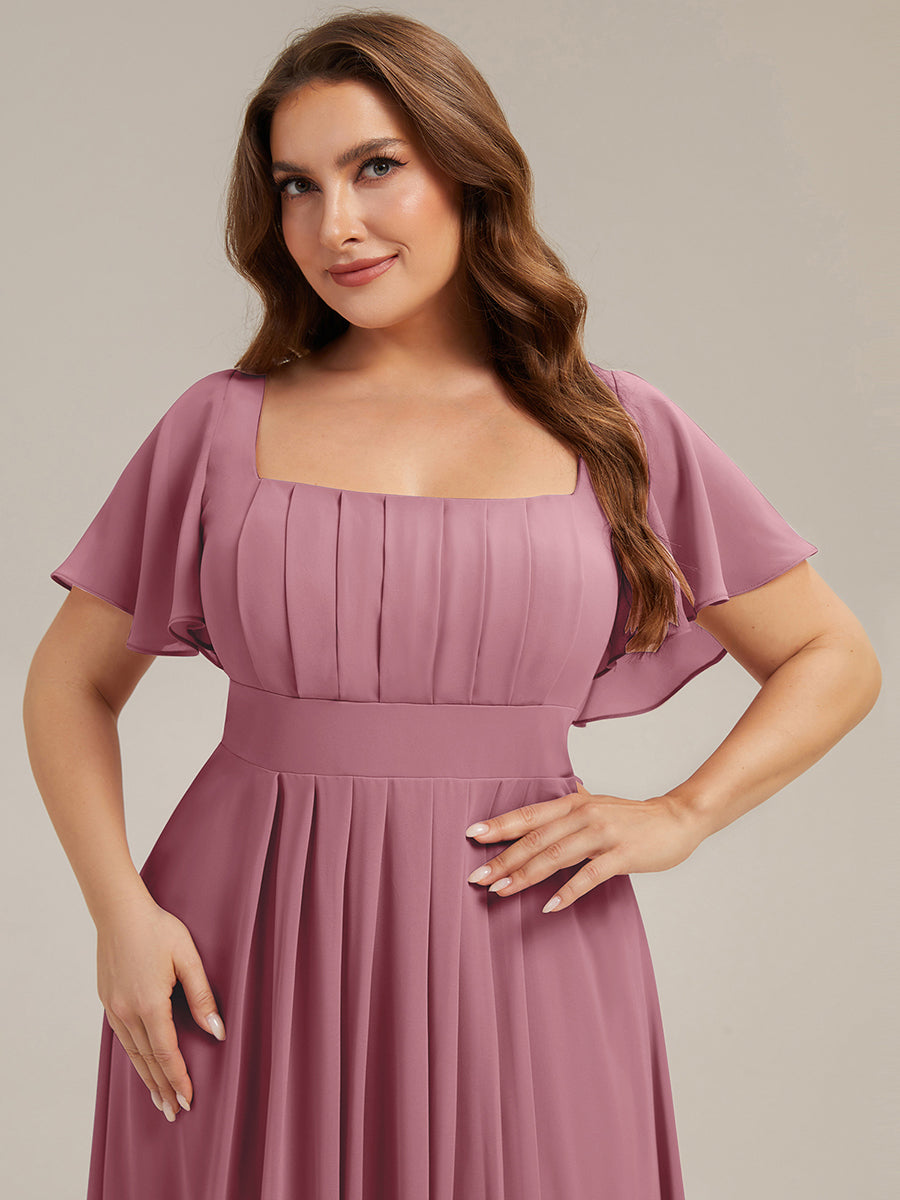 Kn?chellang A-Linien Chiffon Kleid Square Neck Raffung Gathered R¨¹ckenfrei Design #Farbe_Orchideenviolett