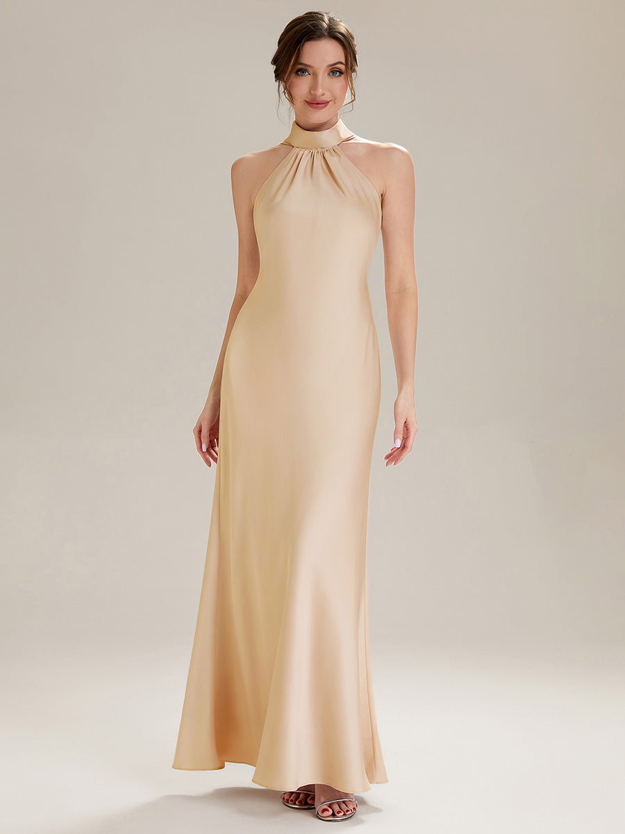 Midi Länge Halter Neck Meerjungfrau Satin Kleid Mit Oberschenkel Hohem Schlitz Und Rückenfreier Gestaltung Kleid #Farbe_Champagner