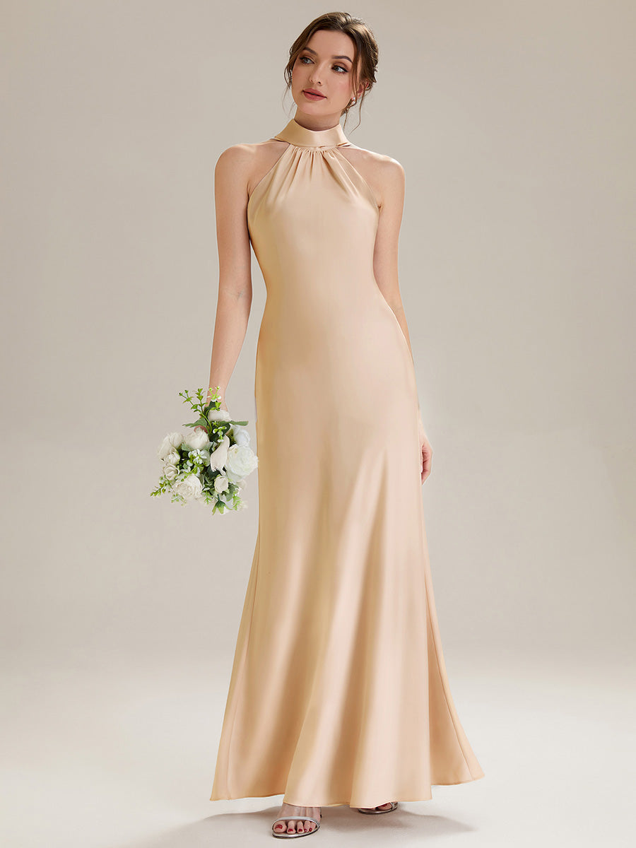 Midi Länge Halter Neck Meerjungfrau Satin Kleid Mit Oberschenkel Hohem Schlitz Und Rückenfreier Gestaltung Kleid #Farbe_Champagner