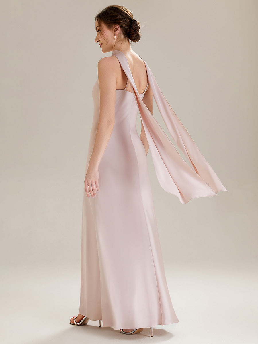 Midi Länge Halter Neck Meerjungfrau Satin Kleid Mit Oberschenkel Hohem Schlitz Und Rückenfreier Gestaltung Kleid #Farbe_Pink
